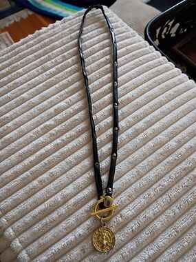 Black Leather Strand Necklace with Gold Toggle and Honeybee Medallion